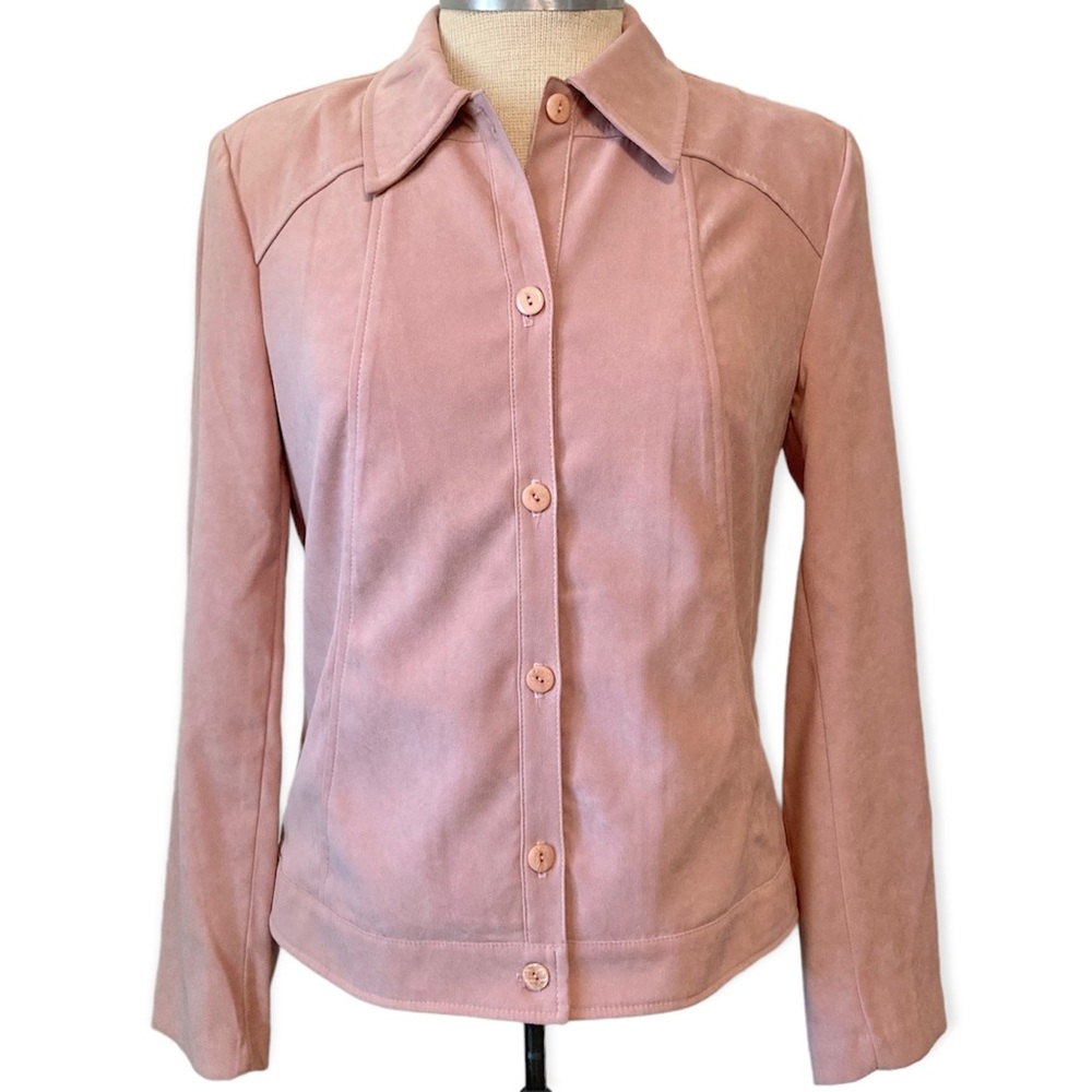 Vintage 70’s 80’s Shirt Jacket Blazer Light Pink Suede Button Up Down Size Small